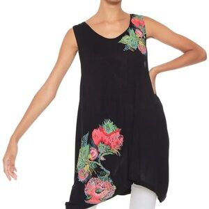 Desigual Long Chad Tunic Top Women's Small Black Floral Sleeveless Beaded